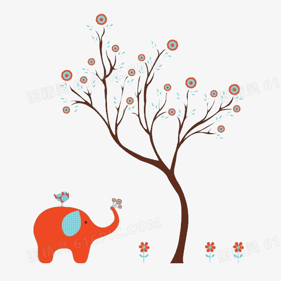 手绘素材卡通素材 卡通小象树木