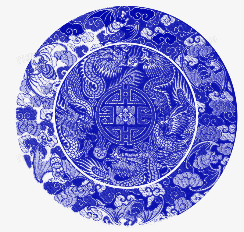 古代龙纹青花瓷描线图 双龙戏珠