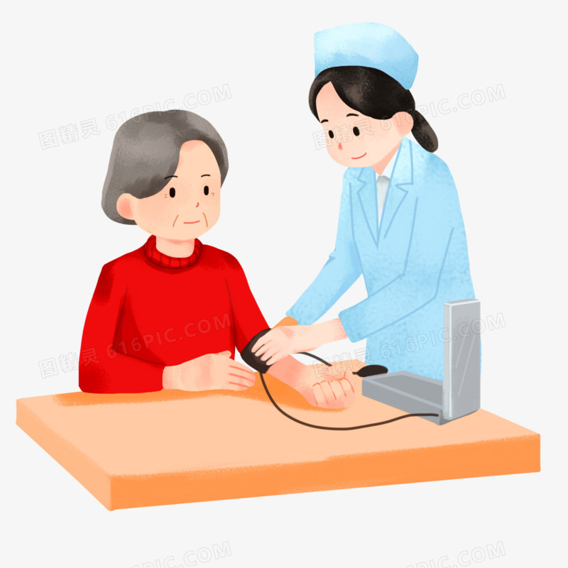 卡通手绘护士给老人量血压元素
