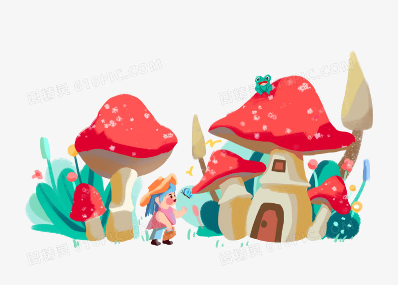 卡通创意蘑菇屋和小女孩免抠元素