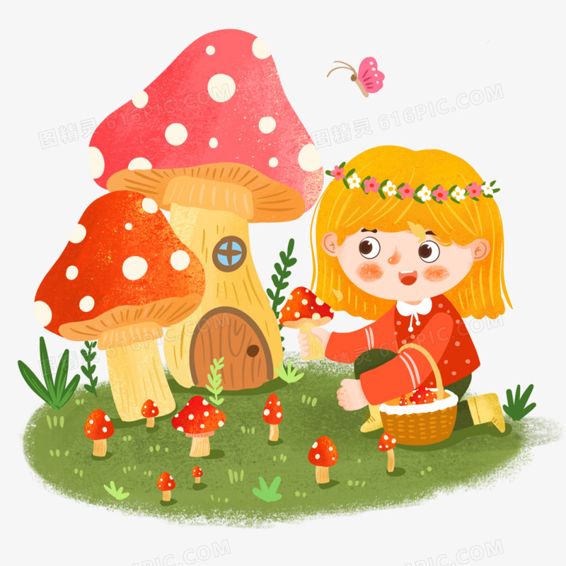 手绘卡通插画风采蘑菇的小女孩免抠元素