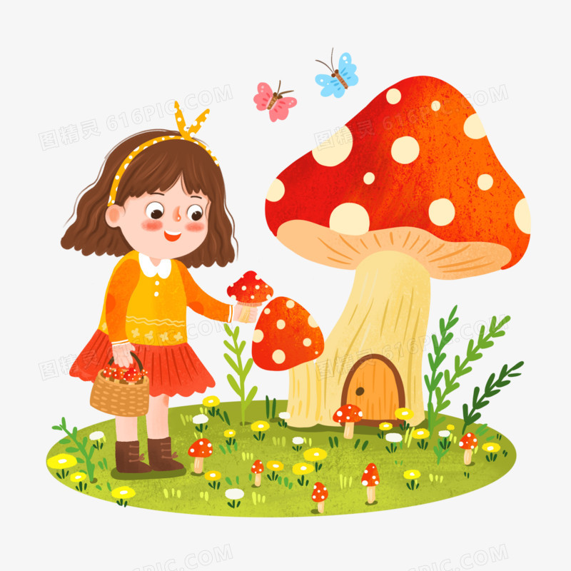 手绘卡通采蘑菇的小姑娘免抠元素
