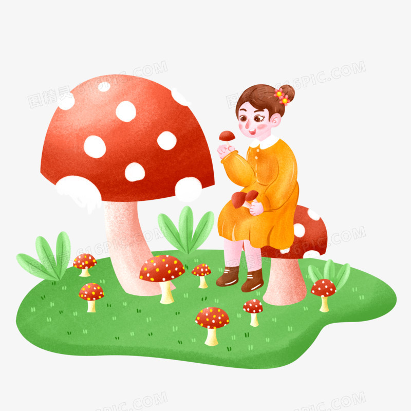 卡通手绘蘑菇的小姑娘元素