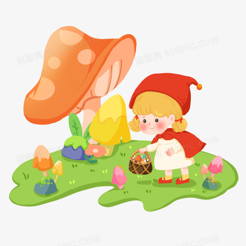 手绘插画风小红帽采蘑菇元素