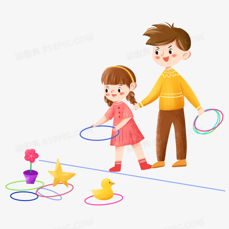 手绘卡通爸爸和女儿一起玩套圈游戏免抠元素