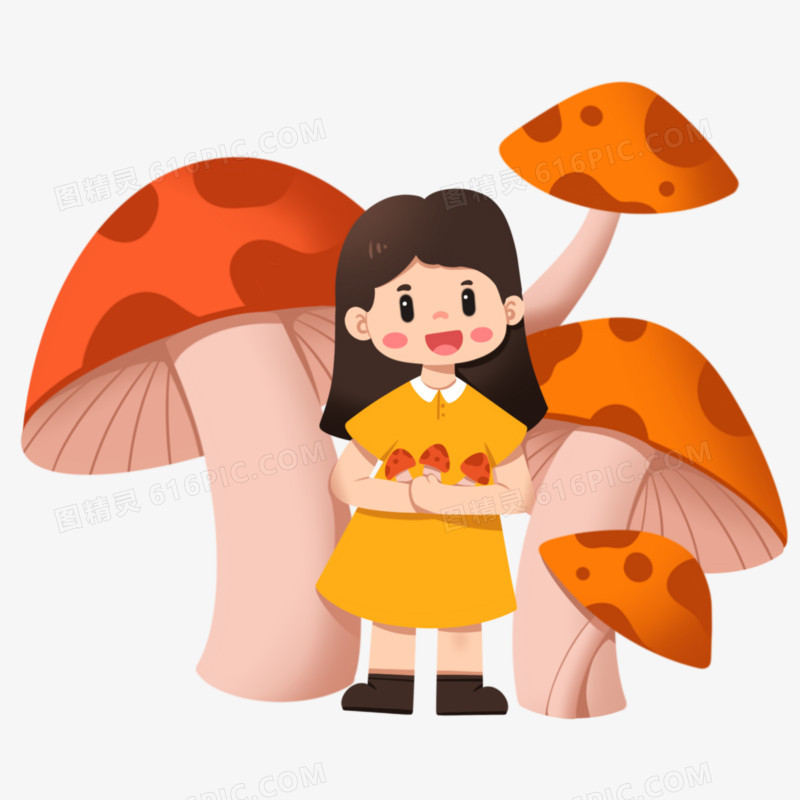 卡通手绘小女孩开学采蘑菇免抠元素