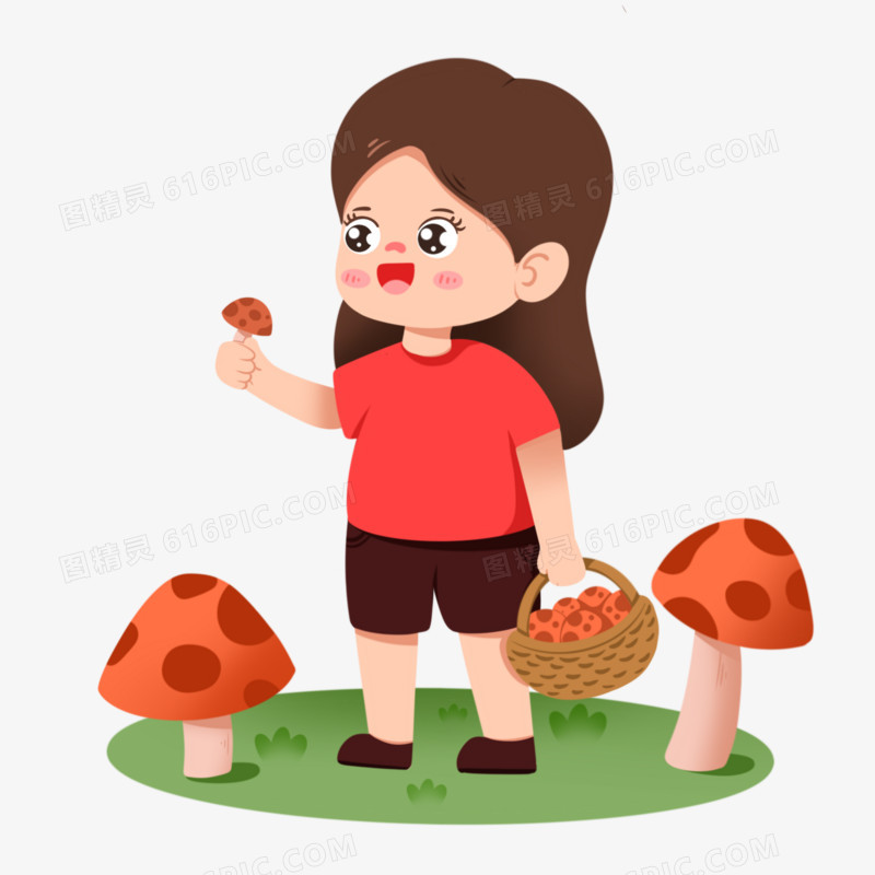 手绘女孩拿着篮子在草地采蘑菇免抠元素