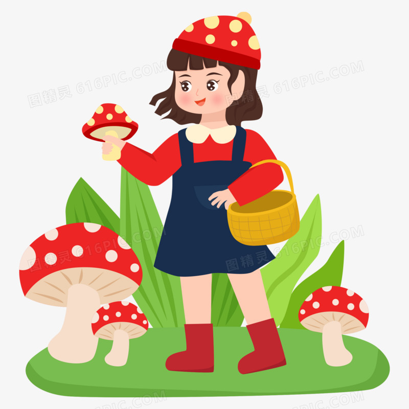 卡通矢量女孩采蘑菇免抠元素