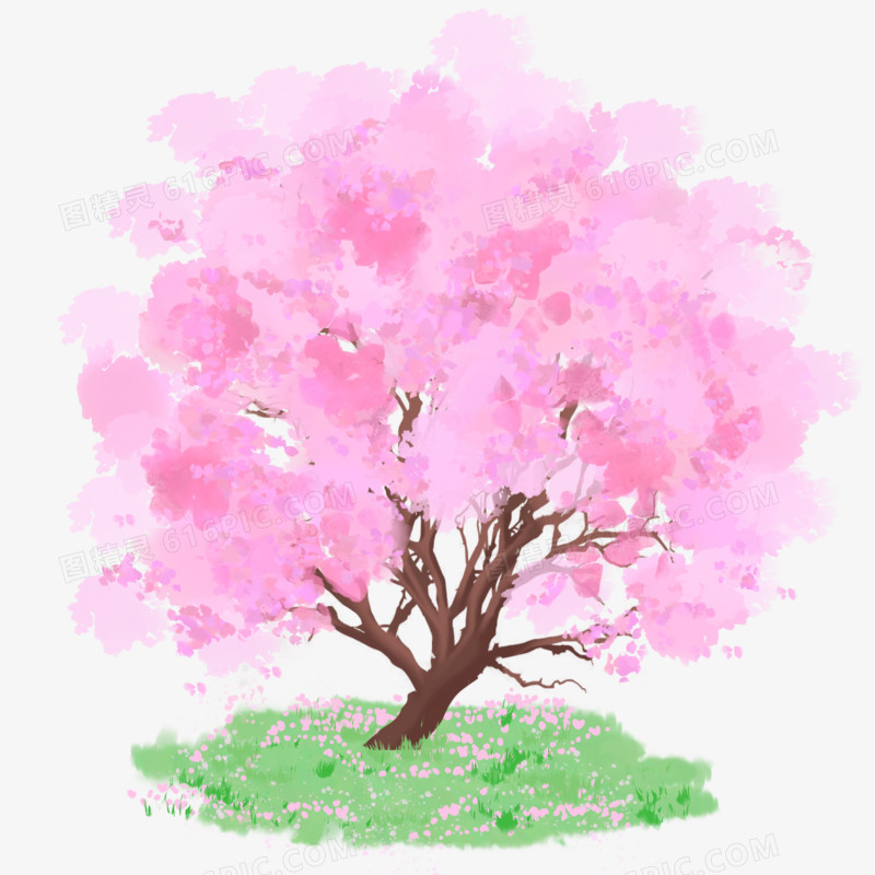 手绘唯美粉色樱花树元素