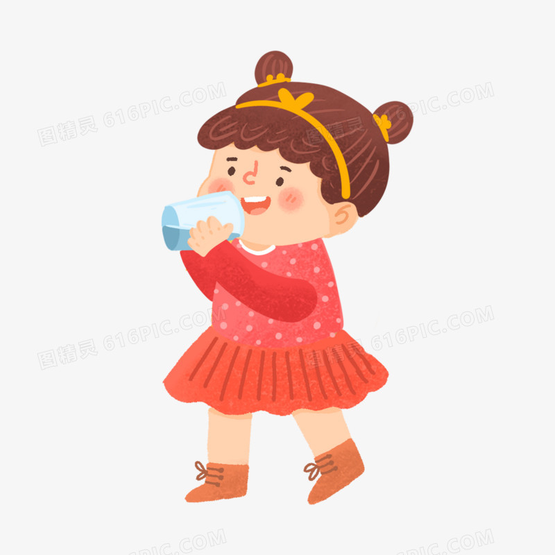 卡通手绘免抠喝水的女孩素材