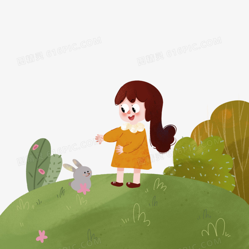 卡通女孩郊外和小兔子一起玩免抠元素