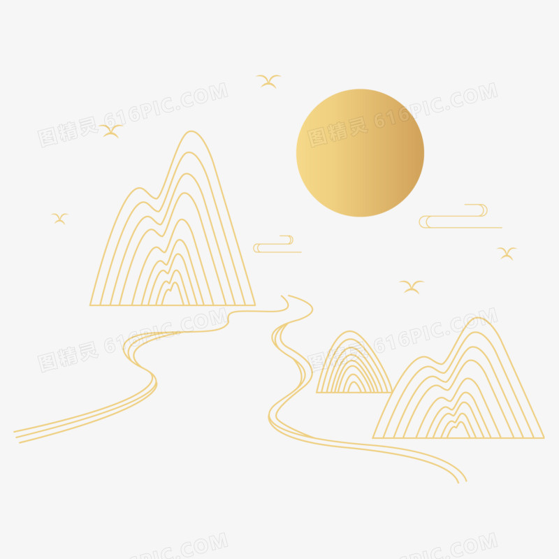 手绘抽象金色线条山水元素