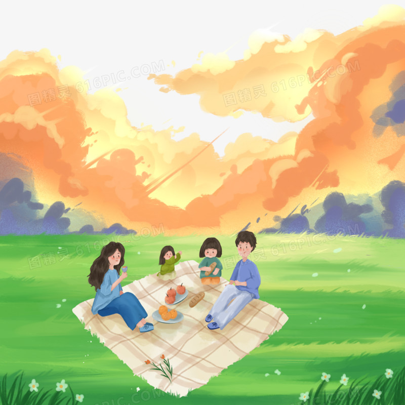 卡通手绘一家人郊外野餐元素