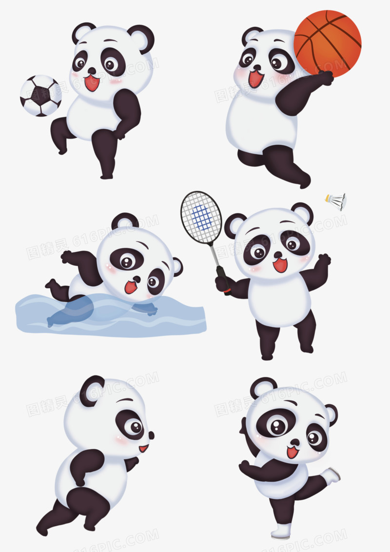 手绘创意熊猫运动套图免抠元素