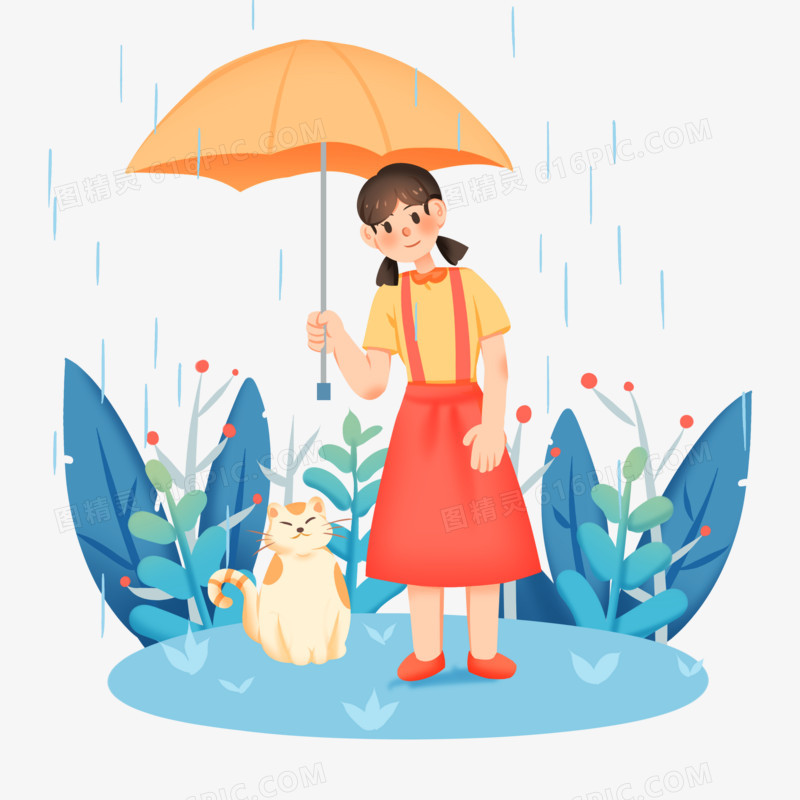 手绘卡通撑伞避雨的女生免抠素材