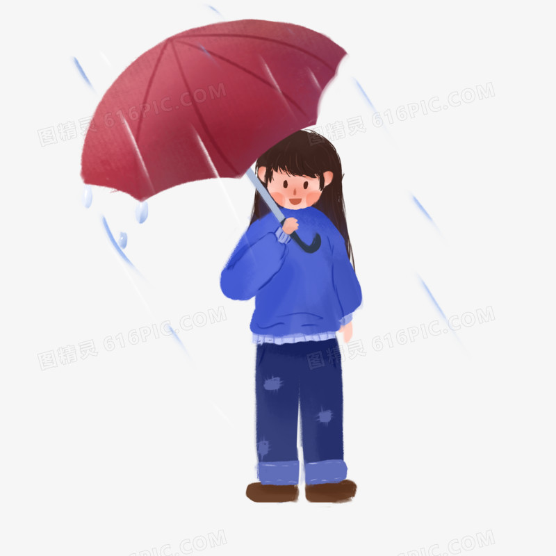 卡通手绘女孩在雨中打伞元素