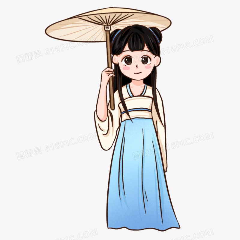 手绘古风撑伞少女元素