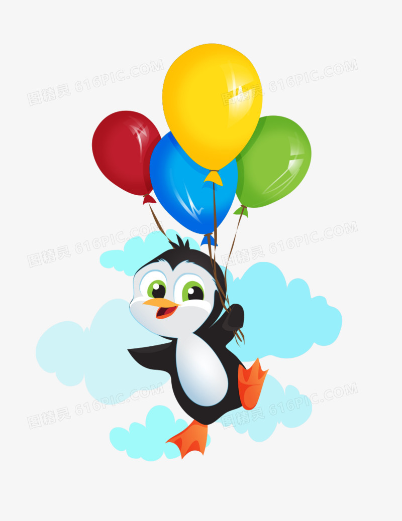卡通手绘可爱企鹅牵着彩色气球