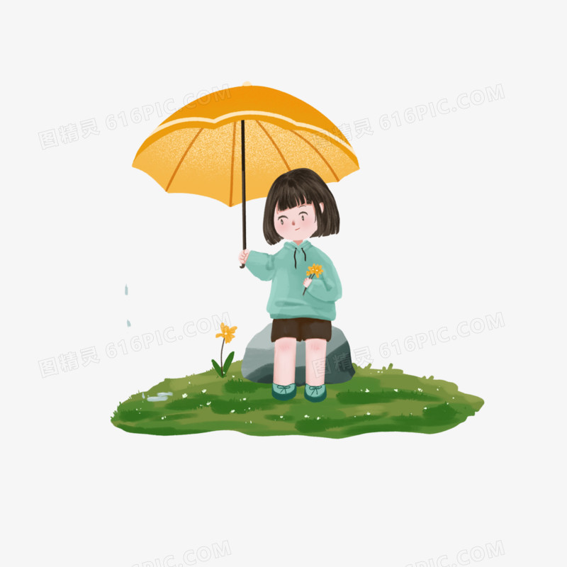 卡通手绘下雨女孩打伞免抠元素