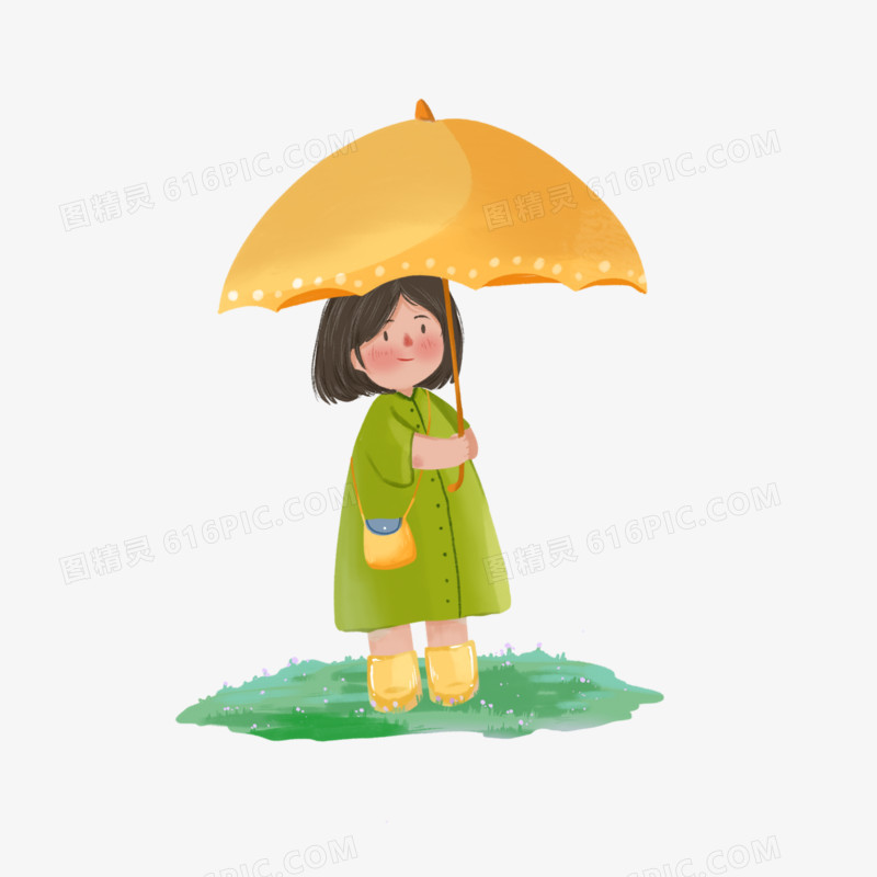 卡通手绘下雨打伞的小女孩免抠元素