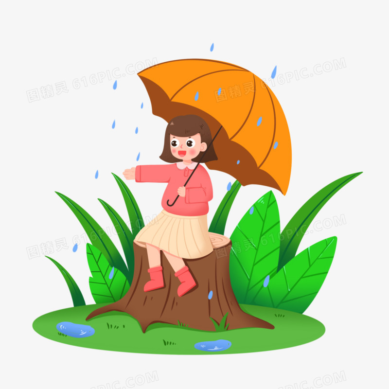 卡通女孩撑着伞坐在木墩上免抠素材