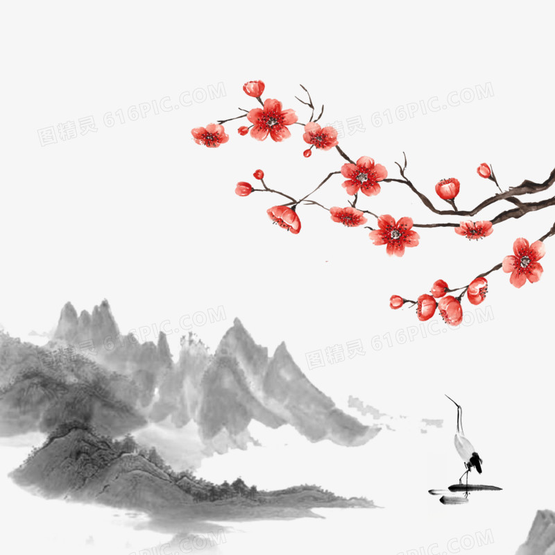 手绘中式水墨山水桃花风景素材
