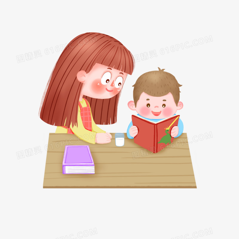 手绘卡通母亲陪伴孩子读书素材