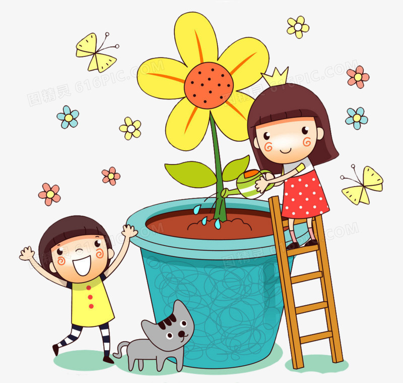 卡通浇花的小姑娘