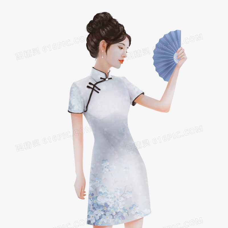 手绘中国服饰女装旗袍半身形象素材