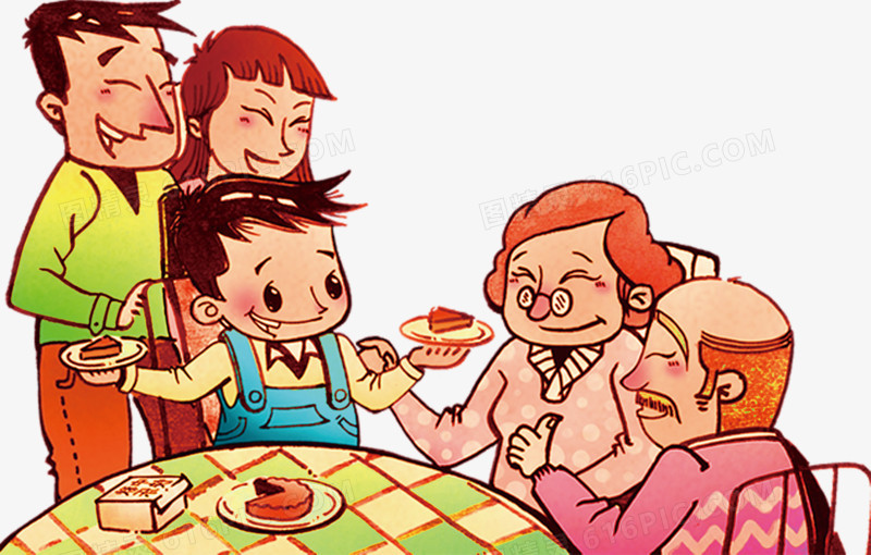 漫画一家人围着桌子吃年夜饭