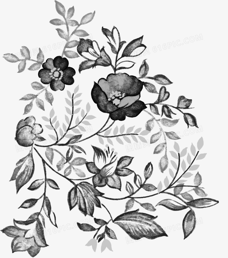 中式水墨拓印花朵花枝底图底纹