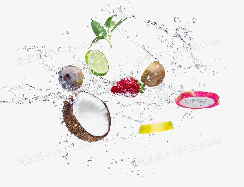 动感水波落入水中的水果装饰素材