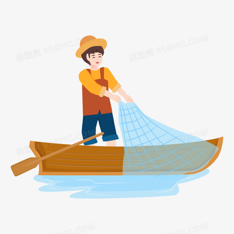 卡通矢量渔民打渔划船撒网素材