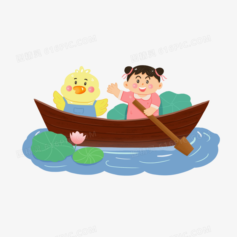 卡通手绘女孩和小鸭子划船坐船元素