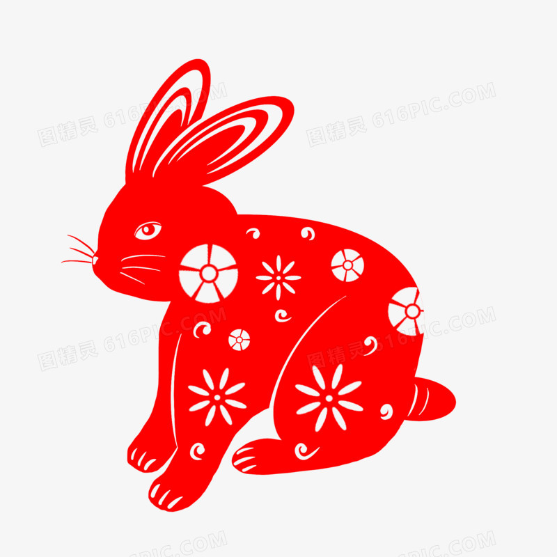 手绘红色兔子剪纸免抠元素