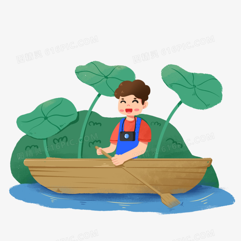 卡通男孩春天划船野外踏青拍照免抠元素