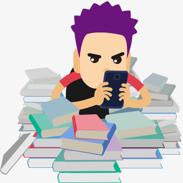 趴在书堆里玩手机的男孩卡通