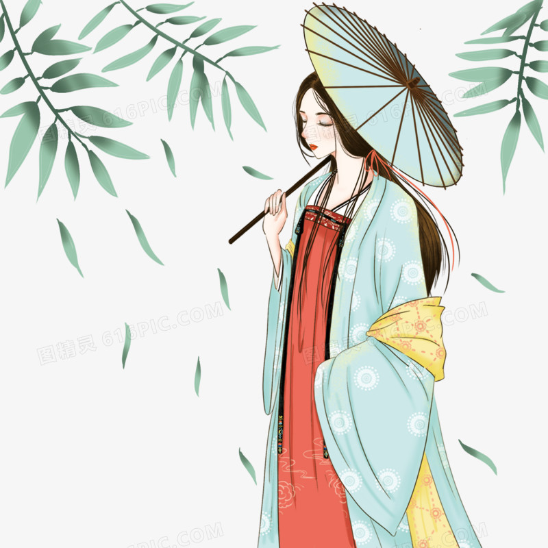 手绘撑油纸伞的汉服少女插画风素材