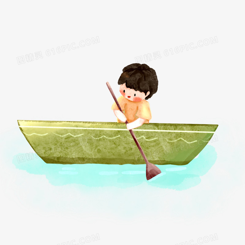 卡通手绘小男孩划船素材