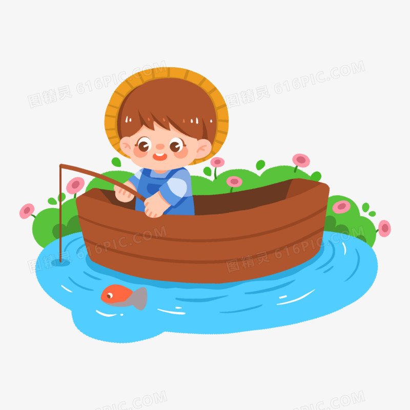 卡通小男孩钓鱼垂钓划船插画元素