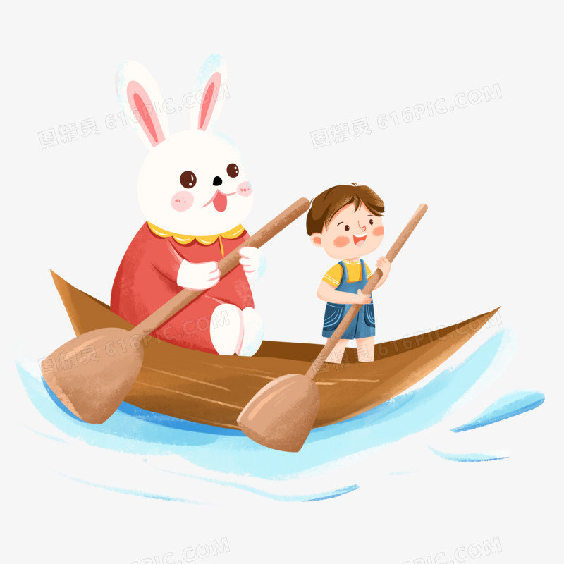 手绘卡通小男孩和动物划船元素