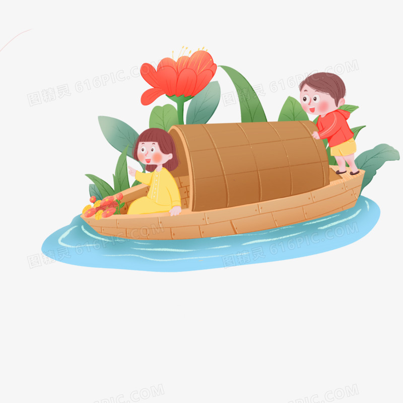 手绘卡通小男孩和小女孩划船素材