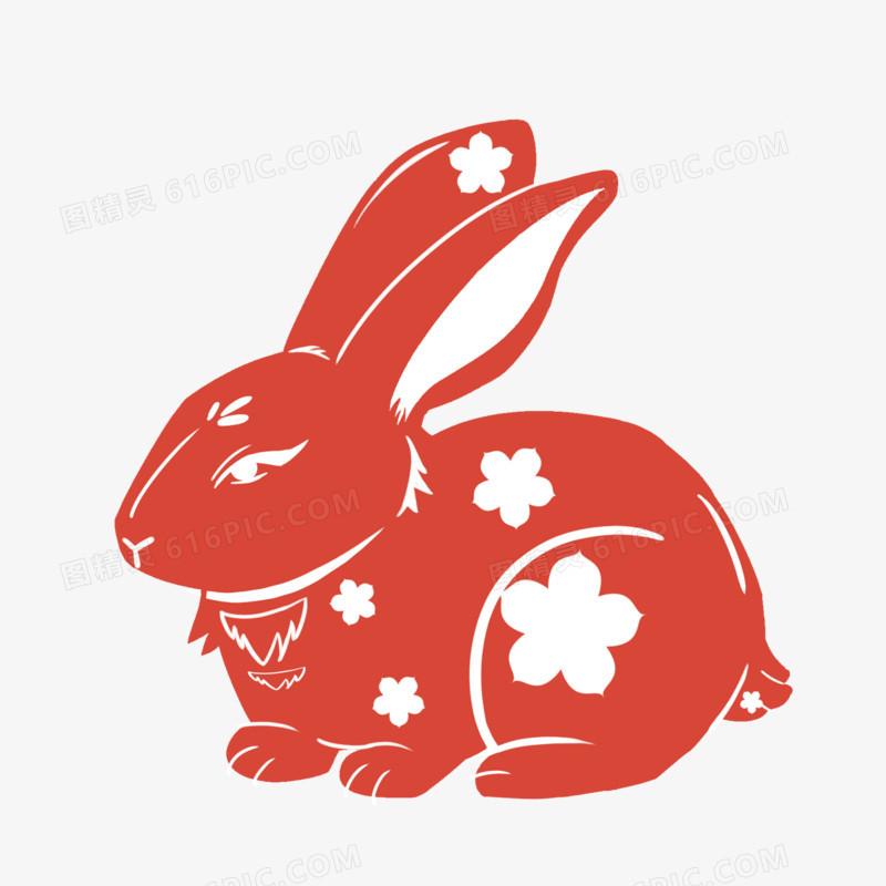 手绘红色兔子剪纸元素