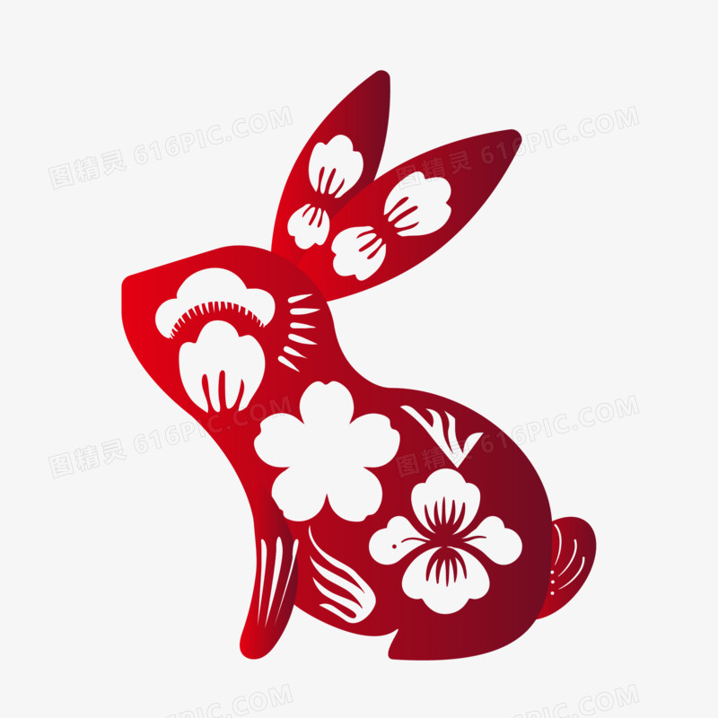 手绘红色渐变中式兔子剪纸免抠素材