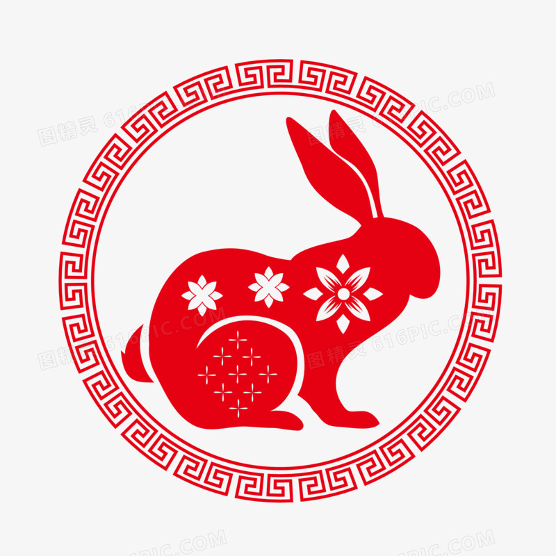 手绘红色中式兔年剪纸素材