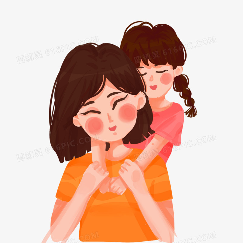卡通手绘免抠母亲和女儿相互拥抱素材