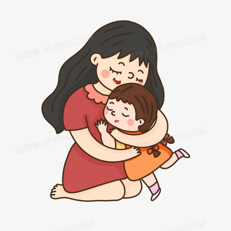 卡通手绘妈妈和女儿相互拥抱免抠元素