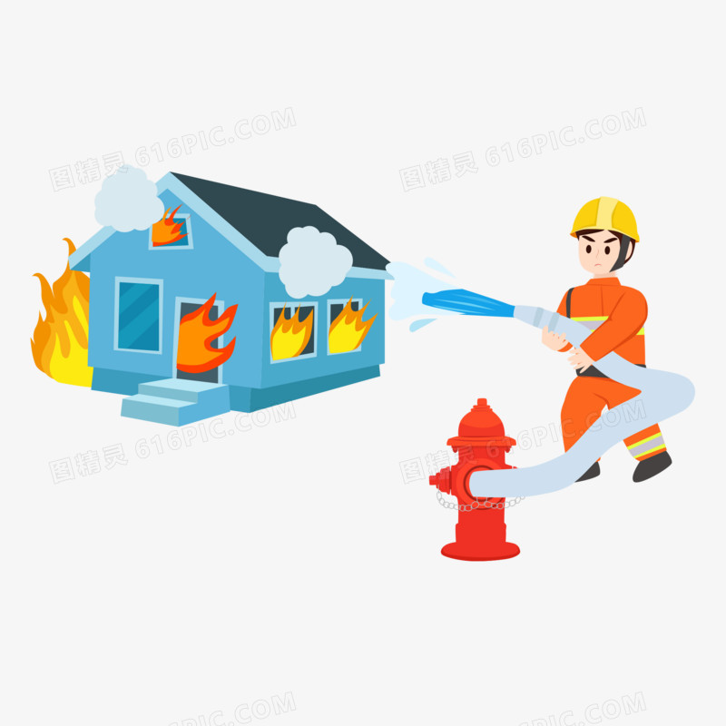 卡通矢量消防员抢救着火房子素材