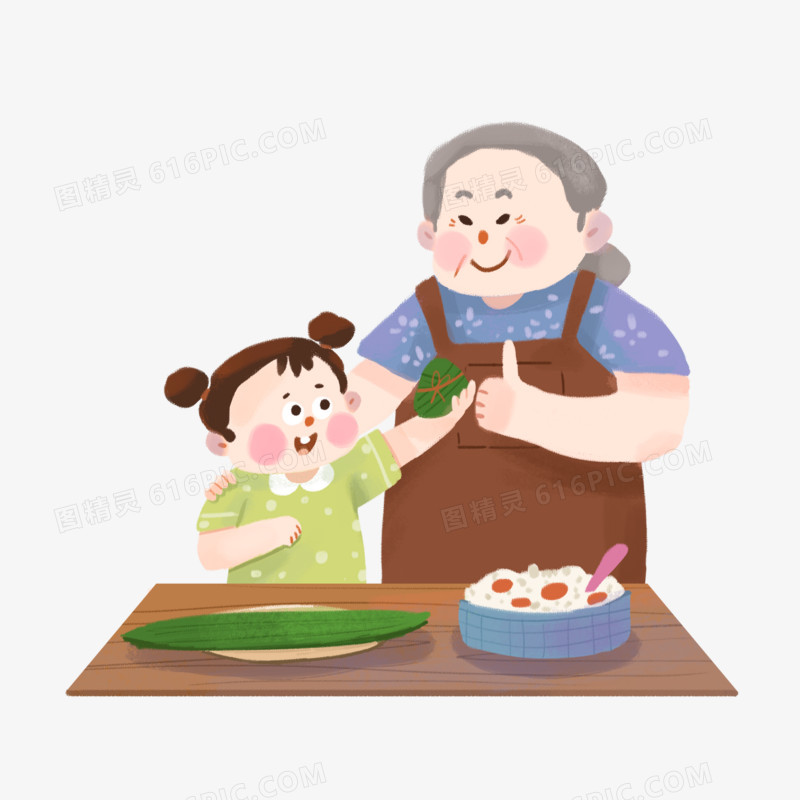 卡通小女孩和奶奶一起包粽子元素