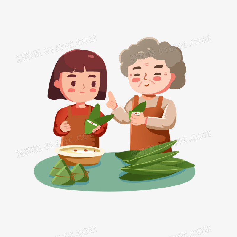 卡通女孩和奶奶一起包粽子素材